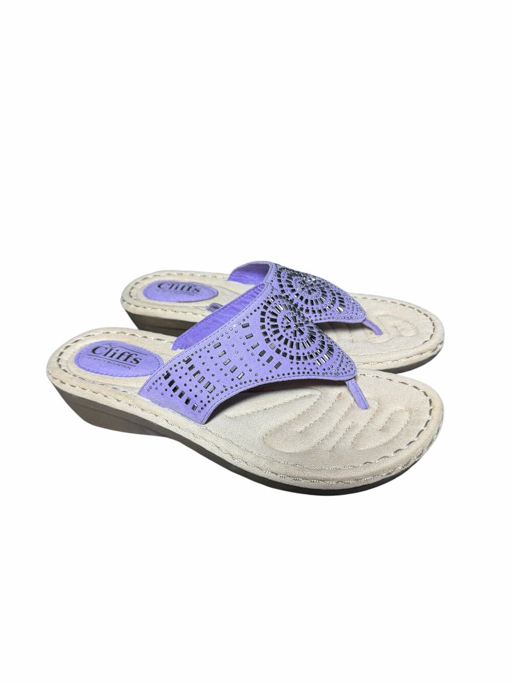 Cliffs Purple Rhinestone Wedge Thong Sandals Women’s Size 8.5 Wide NEW